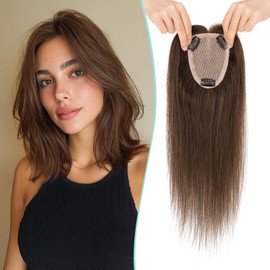 Benehair 100% Remy Human Hair Toppers for Women, 9 * 12CM Silk Base Hairpieces No Bangs 150% Density for Thinning Hair Chocolate Brown 16 Inch