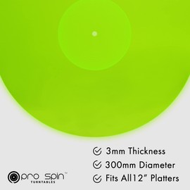 PRO SPIN Green Glow Acrylic Turntable Mat - Platter Slipmat for 12" Vinyl Vintage Record Player - Antistatic Cover, Reduces Noise & Sounds from Static & Dust - Tighter Bass Quality, Record Player Mat