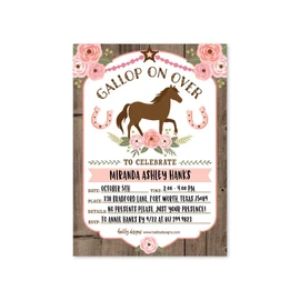 25 Floral Pony Birthday Party Invitation, Horse Farm Barn Little Girl Invite, Cowgirl Western Rodeo Kids Themed Bday Supply Idea, Spirit Animal Rustic Wood Printed or Fill in The Blank Card