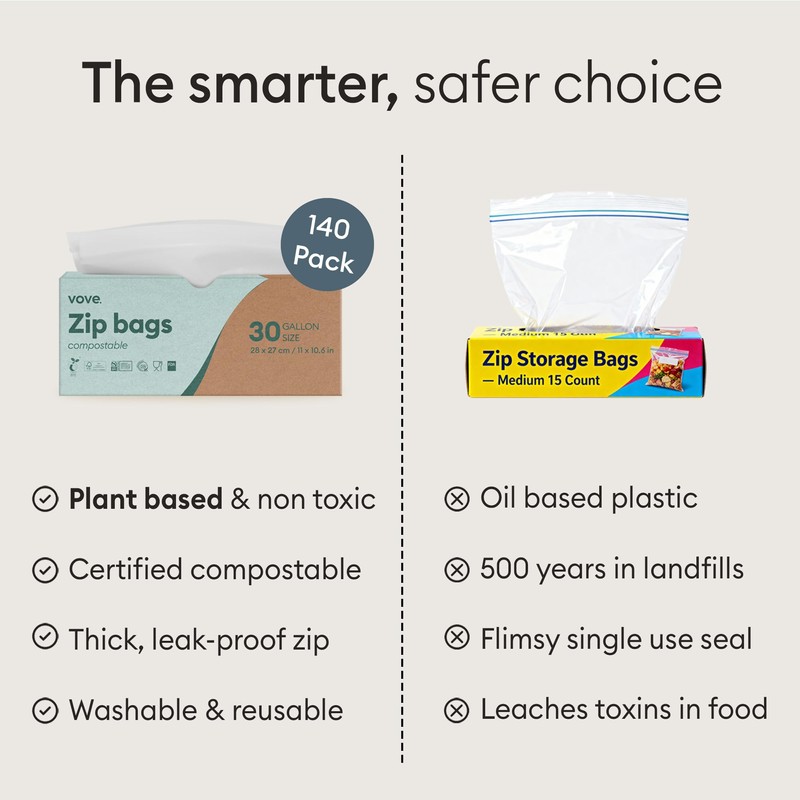 Vove Compostable Storage Bags 140 Ct Multi-Size (S/M/L/XL) – PFAS-Free,
