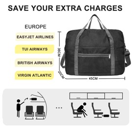 for Easyjet Airlines Cabin Bag 45x36x20 Underseat Travel Duffel Bag Foldable Carry On Luggage Holdall Overnight Weekend Bag for Women and Men (30L, Black)