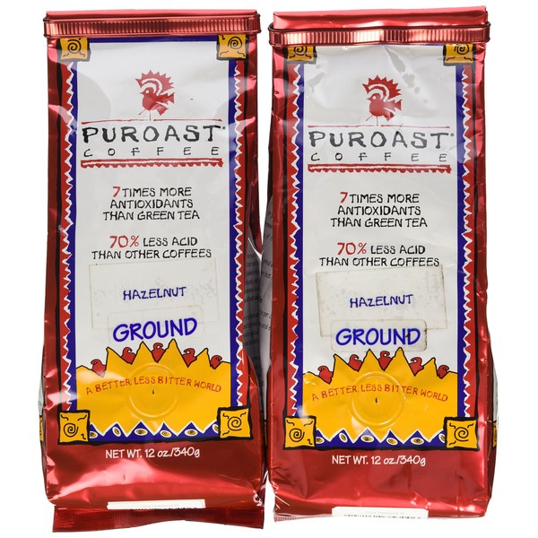 Puroast Coffee Low Acid Ground Coffee, Hazelnut Flavored, 12 Ounce Bag (Pack of 2)