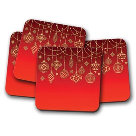 4 Set - Beautiful Christmas Baubles Coaster - Red Festive Fun Gold #15629