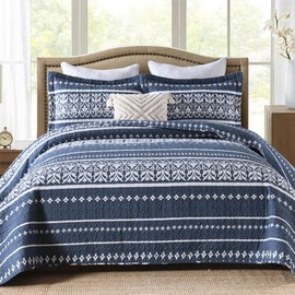 BCOTTOND Queen Quilt Set 100% Cotton Boho Striped Queen Quilt,Navy Blue Quilt Queen Size Bohemian Pattern Queen Bedspread Lightweight All Season 3 Piece