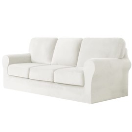 vctops 7 Pieces Velvet Stretch Sofa Cover for 3 Seater Couch Soft Washable Sofa Slipcover with Individual Backrest and Cushion Covers for Kids Cats Dogs (White,3 Seat)