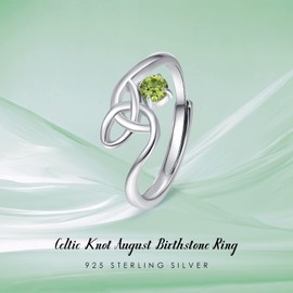 TRISHULA Celtic Knot Birthstone Ring,925 Sterling Silver August Birthstone Adjustable Open Ring for Women Forever Love Celtic Knot Thumb Ring Gift for Women Teen