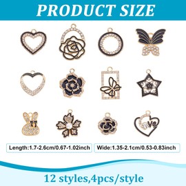 CRAFTYMELODY 48Pcs 12 Styles Rhinestones Charms Alloy Enamel Love Pendants with Crystal Rhinestone Flower Butterfly Round Ring Charm for Necklace Bracelet Earrings Jewelry Making DIY Craft