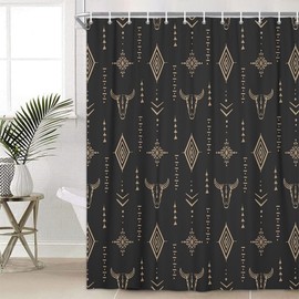 BATRUG Boho Western Bull Skull Shower Curtain, Beige Southwestern Cow Bohemian Geometric Pattern Bathroom Shower Curtain Set, Native Aztec Longhorn Head Cowboy Bath Curtain with Hooks, 70X85IN