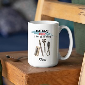 Customized Unique Cutting Hair Coffee Cups With Name, Hair Stylists Travel Mugs, Cutting Hair Is Kind Of My Thing Cup, Novelty Ceramic Tea Mugs 11Oz 15Oz, Hairdresser Cups Present