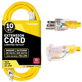 Thonapa 10 Gauge Extension Cord 10 ft, Weatherproof Heavy Duty Outdoor Extension Cord Ten AWG, SJTW 3 Prong Lighted Plug 10/3 Yellow Cable 15 Amp, Great for Major Appliances & Garden Tools