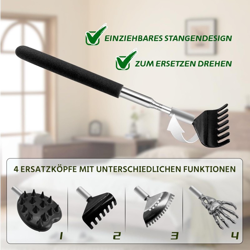 BJOYEE Extendable Back Scratcher, Set with 4 Different Interchangeable Heads,