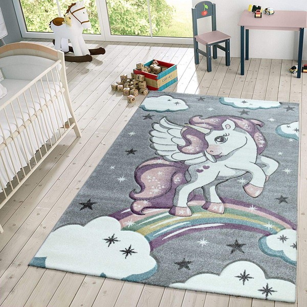 Paco Home Kids Rug for Childrens Room Sweet Unicorn with Starry Sky, Size:5'3" x 7'7", Colour:Grey