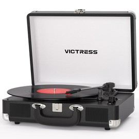 VICTRESS Vinyl Record Player, Portable Suitcase Turntable with PC Recording & Bluetooth Input/Output, 3-Speed LP Player, Built-in Stereo Speakers, RCA, AUX, Headphone Jack, Red