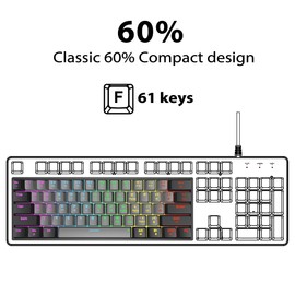 Snpurdiri 60 Percent Machanical Keyboard Red Switches, Full Anti-Ghosting 60% Gaming Keyboard Rainbow Backlit for PC Gamer Office Business (Black-Grey, Red Switches)