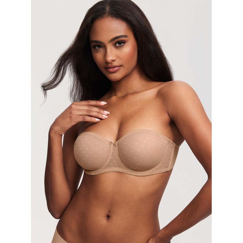 DOBREVA Women's Mesh Strapless Bra Sheer Unlined See Through Underwire