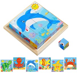 TYFYH Wooden Cube Puzzle, 3D Picture Cube Puzzle Games, 6-in-1 Animal Motifs, Wooden Puzzle for Children from 1 2 3 Years, Montessori Toy, Educational Toy, Wooden Toy, Gift for Boys and Girls