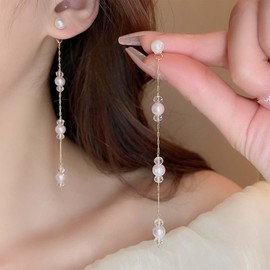 Aneneiceera Vintage Crystal Pearl Dangle Earrings Gold Pearl Tassel Drop Earrings Long Linear CZ Earrings Wedding Pearl Earrings Jewellery for Women and Girls, Zinc