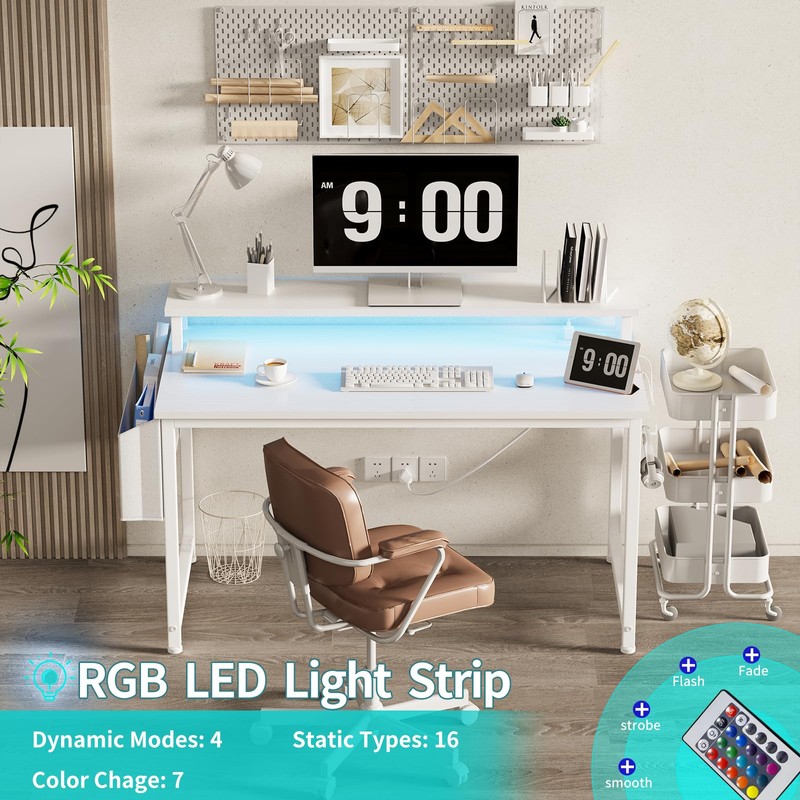 Lufeiya White Computer Desk with LED Lights and Power Outlets,