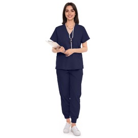 SUNME Scrubs for Women Set, V-Neck Scrub Top & Jogger Pants Medical Uniform with 9 Pockets, Yoga Waistband