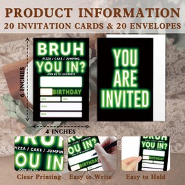 UIBOVA Bruh Birthday Invitations, Glow Neon Birthday Party Invitations, 20 Pcs 4" x 6" Glow Party Invite Cards with Envelopes, Teen Girls Boys Birthday Party Supplies Baby Shower Decorations-D28