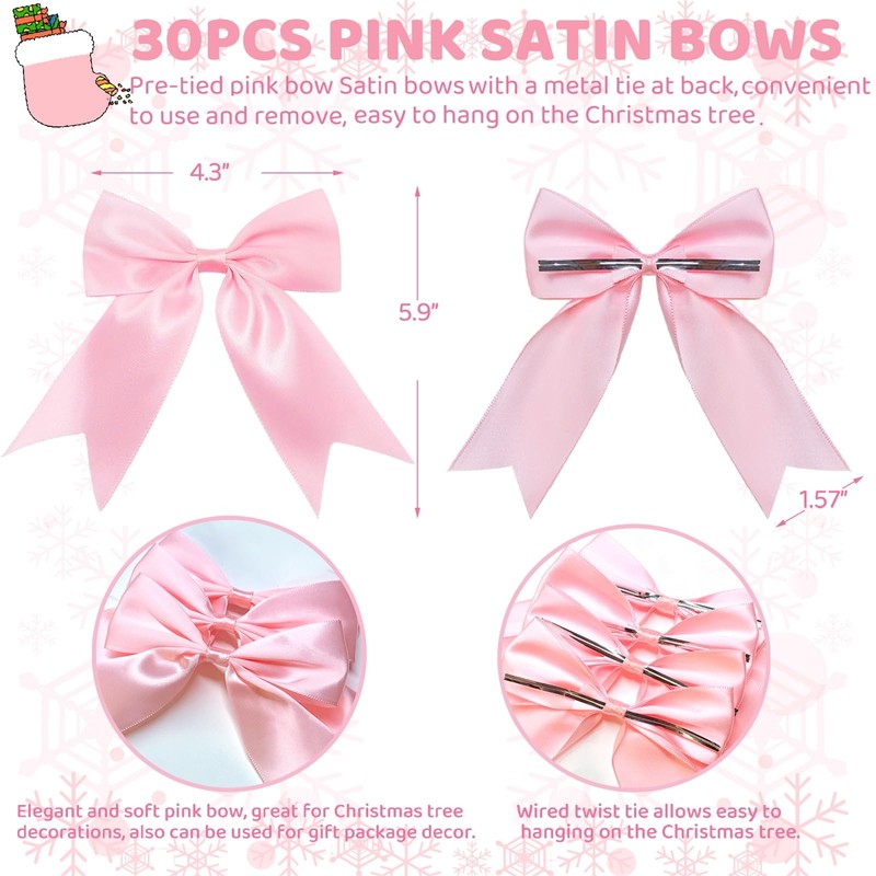 30 Pcs Pink Satin Ribbon Bows, Christmas Tree Bows Wreath