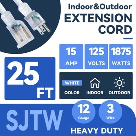 FNXPOW Indoor Outdoor Extension Cord, 12 Gauge 3 Prong Weatherproof Heavy Duty White Extension Cord with Lighted Indicator End，SJTW 15A 25FT Extension Cable for Garage, Garden and Home, UL Listed