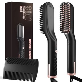 Beard straightener of men - straightening brush, original heated beard brush kit with anti-burn function, wooden comb included, travel bag for short to medium beards