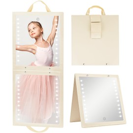 Fabuday Lighted Hanging Mirror for Dance Backstage - Rechargeable Folding LED Full Length Mirror with Lights for Dancers, Portable Foldable Travel Body Mirror, Brightness Adjustable, Beige