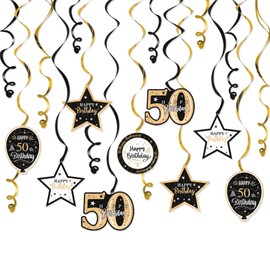 Nelbiirth Happy 50th Birthday Black & Gold Glitter Swirls Streamers Party Decorations - 15 Pcs 50th Birthday Hanging Swirls Streamers Kit,Cheers to Fifty Years Old Bday Party Sign.
