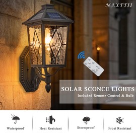 NAXTTII Solar Outdoor Wall Lamp Waterproof Aluminum Outside Solar Wall Lantern with Remote Control Black Outdoor Porch Lights Wall Mount with Water Ripple Handmade Solder Glass LED Bulb Included