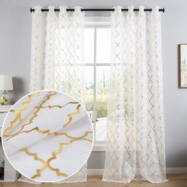 Kotile White Net Curtains for Bedroom - Metallic Gold Foil Geometirc Moroccan Tile Printed Sheer Curtains 90 Drop Eyelet Window Treament Semi Transparent Voile, 66 x 90 Inch Drop, 2 Panels