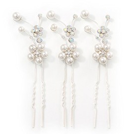 Bridal/Wedding/Prom/Party Set Of 3 Rhodium Plated Simulated Pearl, Crystal Flower Hair Pins