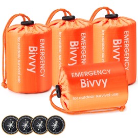 Esky Emergency Sleeping Bag, 4 Pack Portable Thermal Bivy Sack, Waterproof Lightweight Emergency Blanket Survival Gear with Compass and Whistle for Camping Hiking Outdoor Adventure, Orange