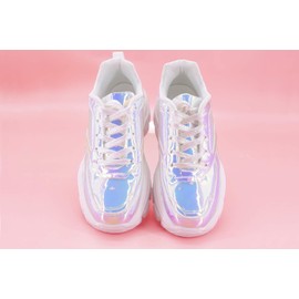 LUCKY STEP Women 90S Chunky Platform Reflective Sneakers - White Hologram Casual Lace-Up Walking Dad Sneakers(White Hologram,8 B(M) US)