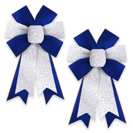 2 PCS Hanukkah Wreath Bows Chanukah Glitter Silver Royal Blue Ribbon Bows for Wreath, Medium Tree Topper Bows for Jewish Chanukah New Year Party Home Indoor Outdoor Decoration Wreath Ornament Supplies