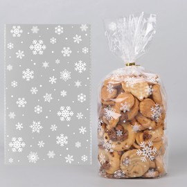 COLOFALLA Pack of 100 18 x 30 cm Snowflakes Cellophane Bags Christmas Cookie Bags for Filling Small Transparent Cellophane Bags Gift Bags