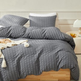 WARMDERN Duvet Cover Set Queen Size, 3pcs Washed Microfiber Grey Bedding Set, Soft Breathable Striped Textured Seersucker Duvet Cover with Zipper Closure & Corner Ties(Grey, Queen)