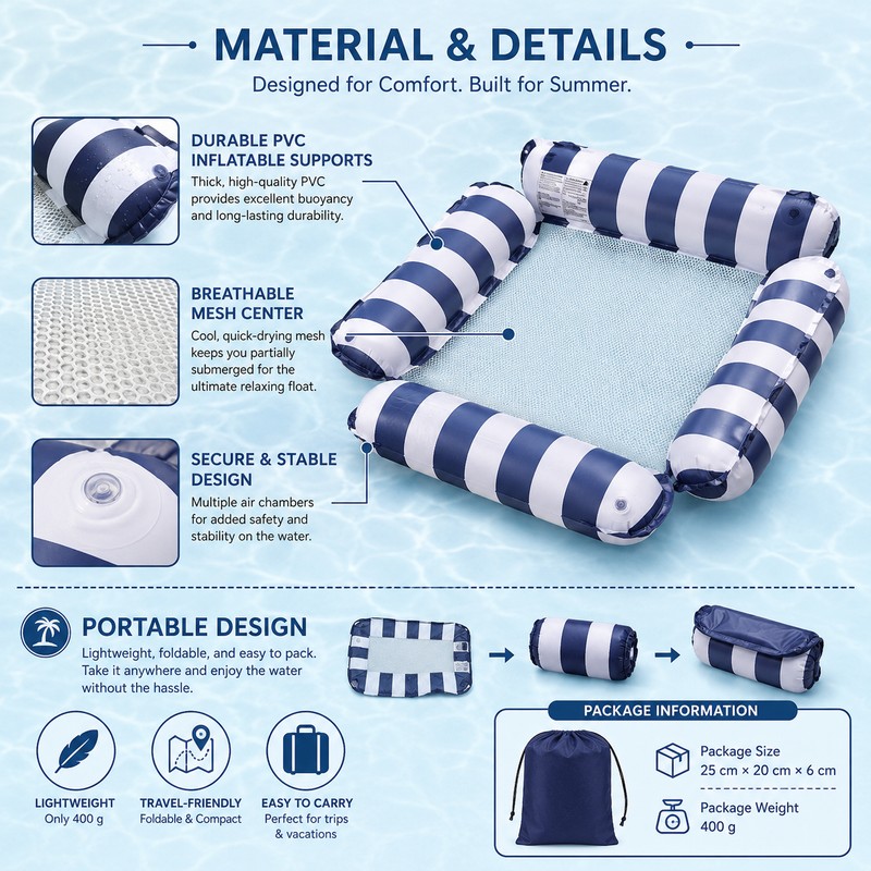 Inflatable Water Hammock Pool Float for Adults – 4-in-1 PVC