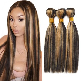 P1B27 Straight Bundles Highlight Human Hair Bundles Brazilian Two Tone Black And Honey Blonde Bundle Ombre Straight Bundle Double Weft Hair Extensions For Women 26 28 30 Inch