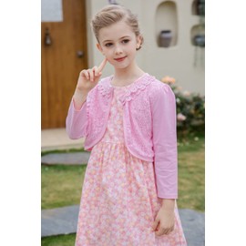 SMILING PINKER Girls' Cardigan Bolero Children's Cardigan Short Bolero Jacket 3/4 Sleeve Shoulder Jacket Festive Shrug Top, pink