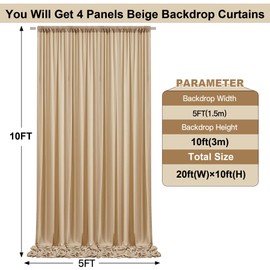 20ft x 10ft Wrinkle Free Beige Backdrop Curtains for Parties Weddings, 4 Panels 5×10ft Soft Silk Polyester Photo Backdrop Drapes for Birthday Baby Shower Baptism Photo Photography Background Cloth