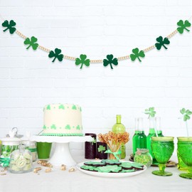 St Patricks Day Garland, Felt Shamrock Banner with Wooden Beads for St Patricks Day Decorations