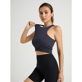 Lmprint Women's Ribbed Crop Tank Top, Sleeveless Racerback, Square Neck, Black, Fitted (US, Alpha, Small, Regular, Regular, Grey)