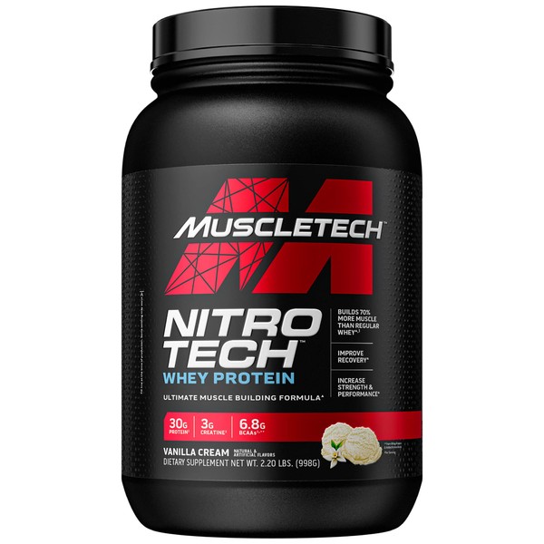 Whey Protein Powder MuscleTech Nitro-Tech Whey Protein Isolate & Peptides Protein + Creatine for Muscle Gain Muscle Builder for Men & Women Sports Nutrition Vanilla, 2.2 lb (22 Servings)