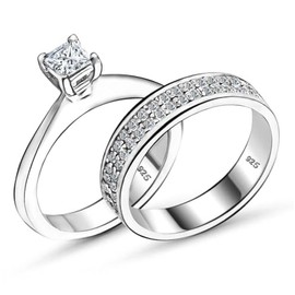 Solid Genuine 925 Sterling Silver Cubic Zirconia Bridal Rings Sets Princess Cut Solitaire CZ Engagement Rings Wedding Band For Women (Ring Set G, 6)