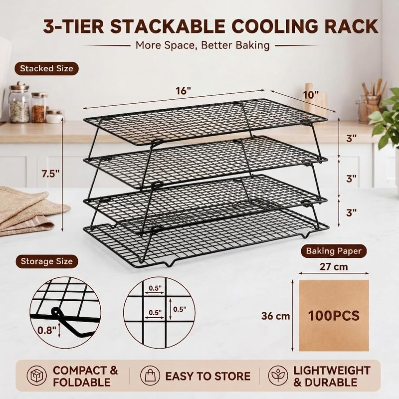 Cooling Racks for Baking, 3-Tier Stackable Stainless Steel Wire Cooling