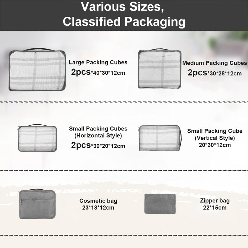 12 Large/Medium/Small Packing Cubes – Luggage Organiser in Various Sizes