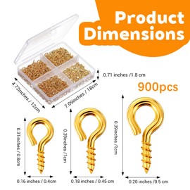 Pack of 900 Small Hooks for Screwing, Mini Screw Eye Pins, Key Ring Hooks, Screw Eye Screw Hooks for Pendants, Beads, DIY Jewellery Making (Gold)