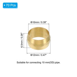 PATIKIL Brass Compression Sleeves Ferrules for 10mm OD Tube, 70 Pack Brass Ferrule Fitting Brass Compression Tube Fitting Ring Assortment Kit for Air Water Gas Pipe Line Fitting Oil