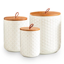 JOJUNO White Ceramic Canister Set with Wooden Lids – 3-Piece Airtight Food Storage Jars for Kitchen, Embossed Design, Small/Medium/Large Sizes (30/48/82 oz) – Flour, Sugar, Coffee, Tea Containers